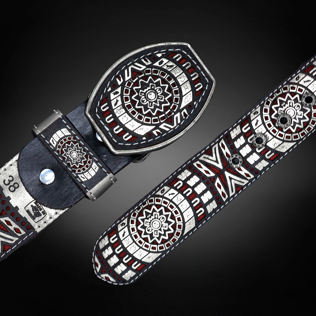 Cinturon Azteca Grabado Piel de Res AL810