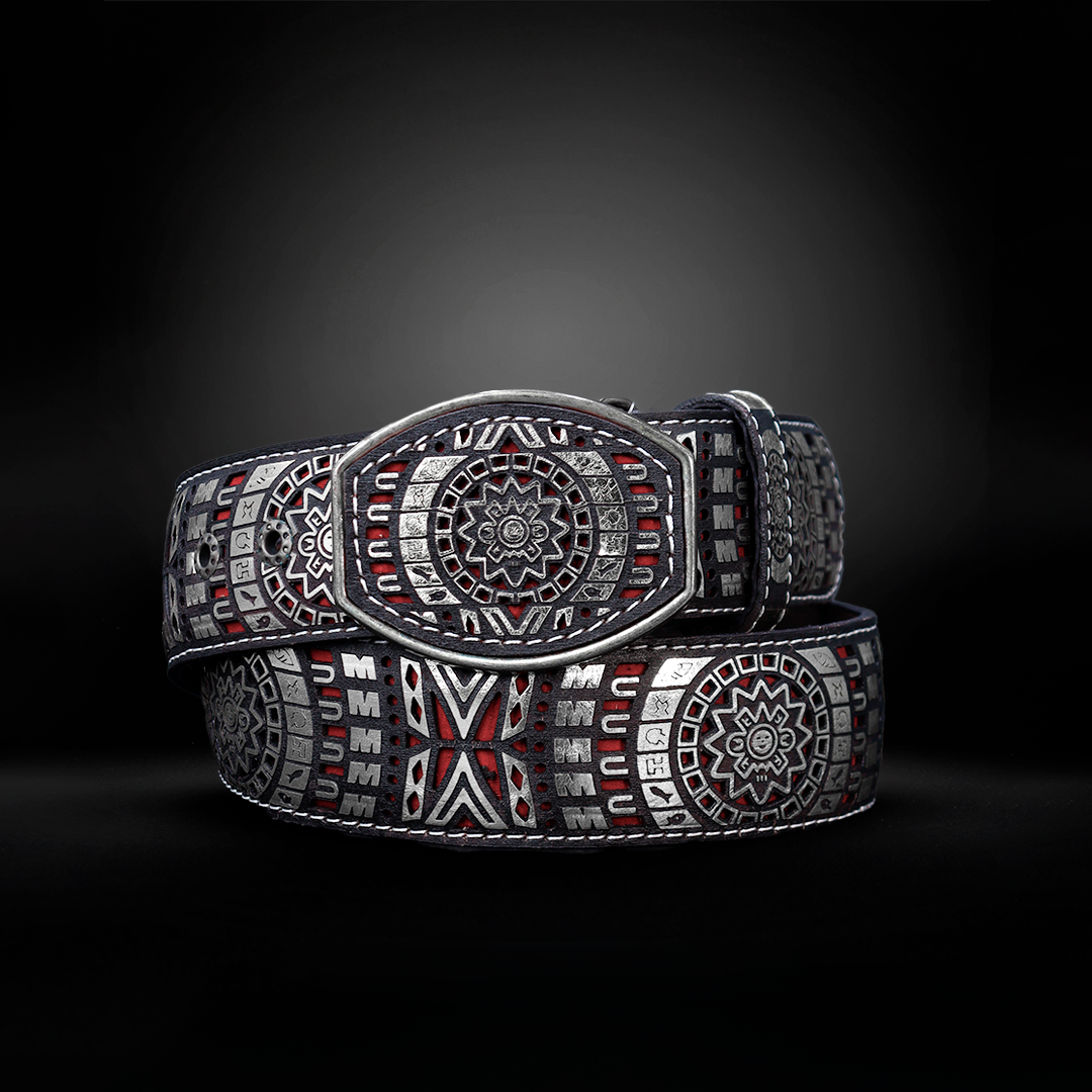 Cinturon Azteca Grabado Piel de Res AL810