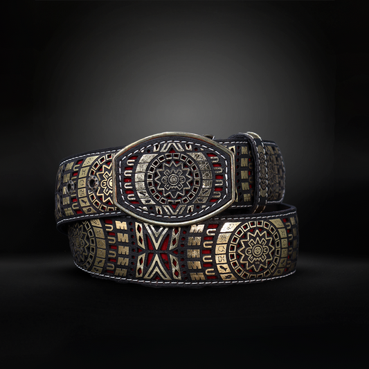 Cinturon Azteca Grabado Piel de Res AL810