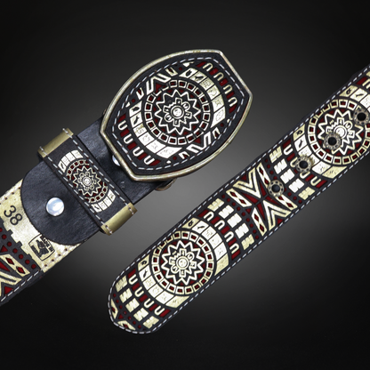 Cinturon Azteca Grabado Piel de Res AL810